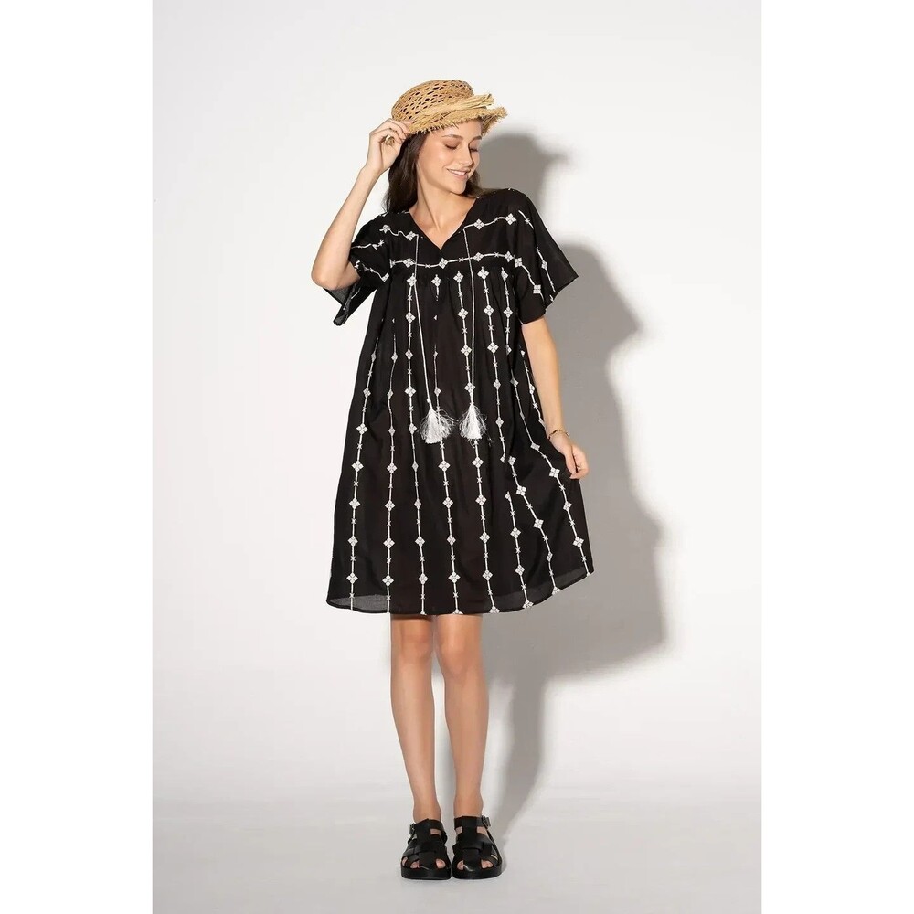 MEME Women's Large Black Embroidered A-Line Midi Dress Cotton V Neck